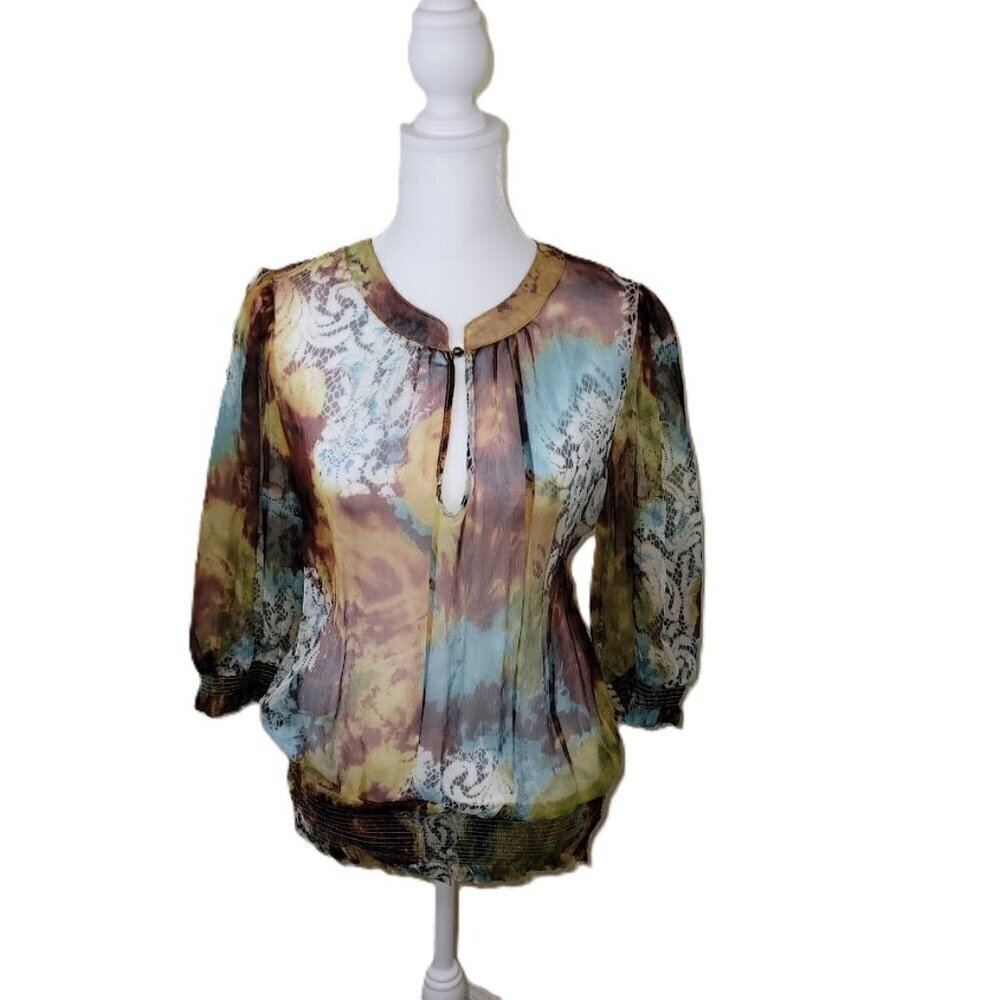Everest Apparel 100% Silk Blouse Sheer Multicolored Elastic Waist Top Women SZ S